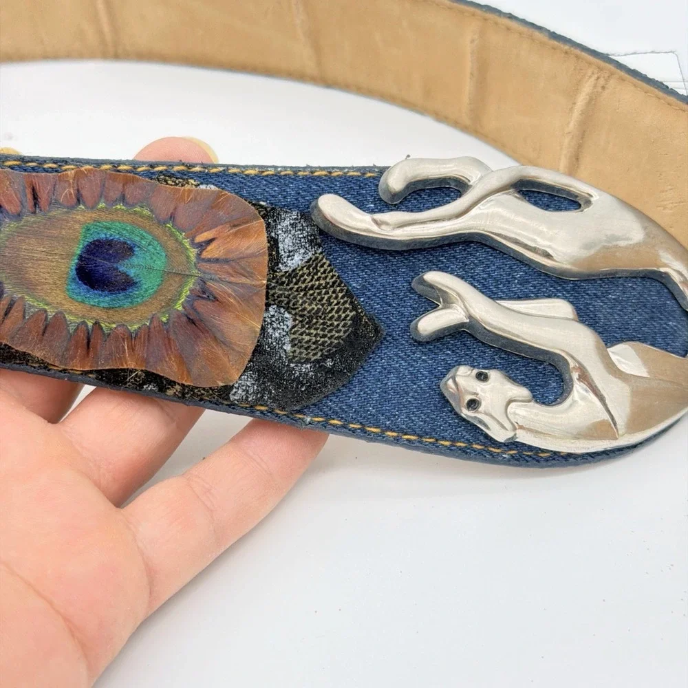 VTG Denim Leather Belt Peacock Feathers Leopard Silver Tone Buckle Adjustable